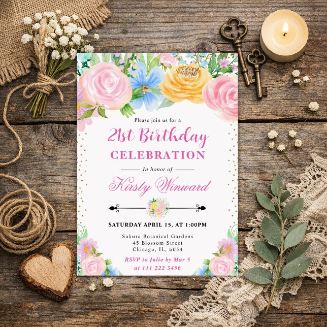 Invitación Flores de Cumpleaños de Verano Rosadas y Amarillas (Subido por el creador)