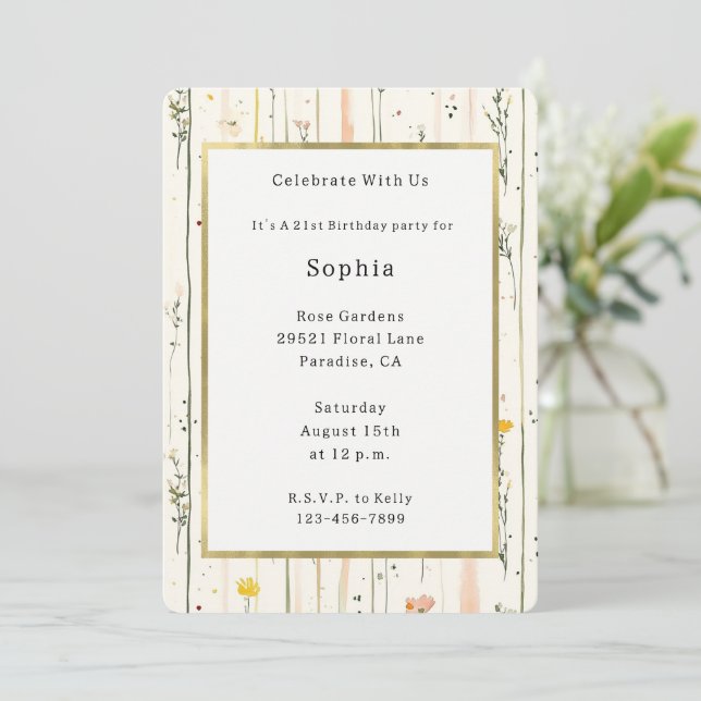 Invitación Flores de Cumpleaños Rayas Rosadas Verdes   (Anverso de pie)