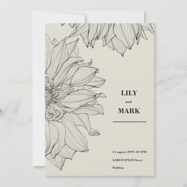 Invitación Flores de Dahlia en el jardín. Fondo grabado. (Anverso)