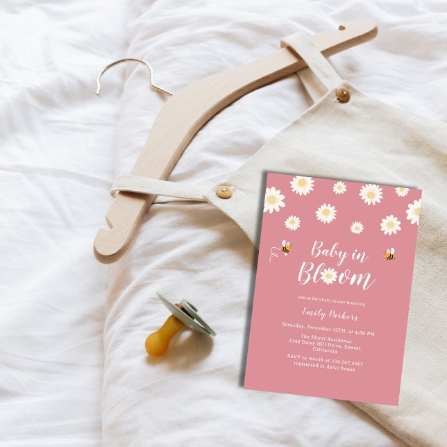 Invitación Flores De Daisy Rosa Nacidas En Ducha Chica De Blo (Pink Daisy Flowers Baby In Bloom Girl Shower Invitation)