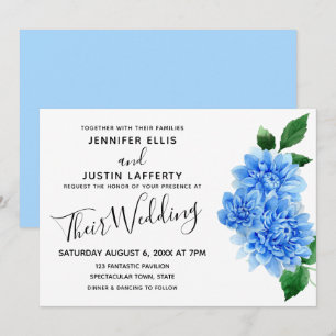 Invitación Flores de Dalia de Acuarela Azul Boda Moderna