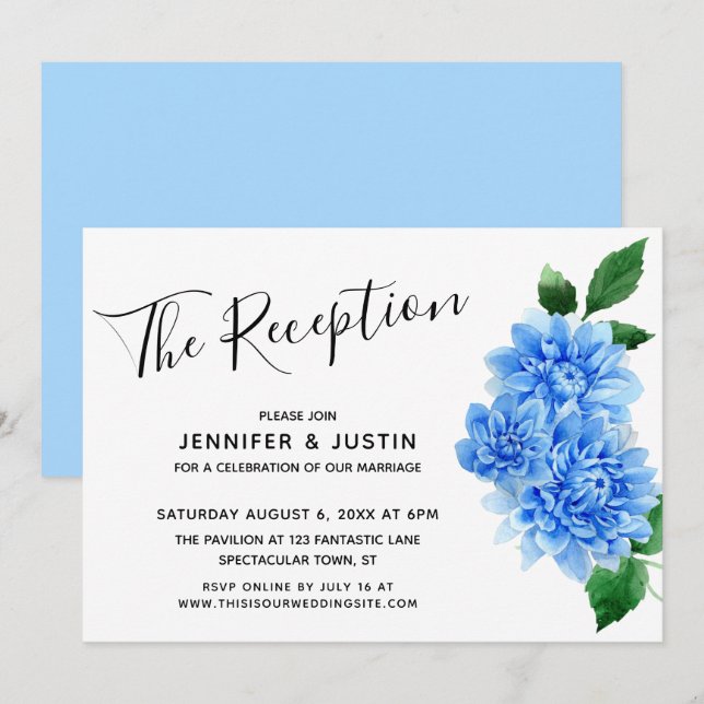 Invitación Flores de Dalia de Acuarela Azul Recepción Moderna (Anverso / Reverso)