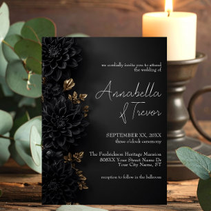 Invitación Flores de Dalia Negra y Hojas Doradas Floral Malhu