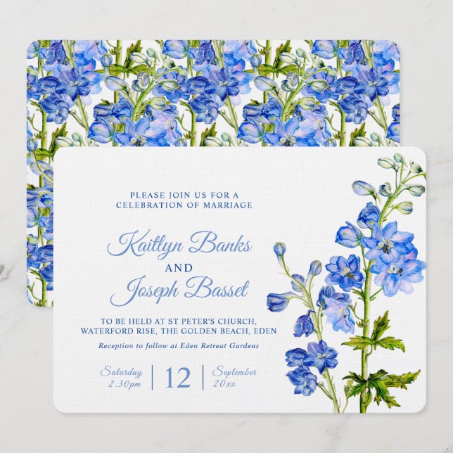 Invitación Flores de delfinio azul acuarela boda de arte (Anverso / Reverso)