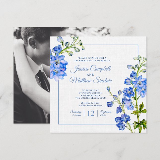 Invitación Flores de delfinio azul acuarela boda de arte (Anverso / Reverso)