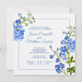 Invitación Flores de delfinio azul acuarela boda de arte