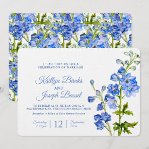 Invitación Flores de delfinio azul acuarela boda de arte