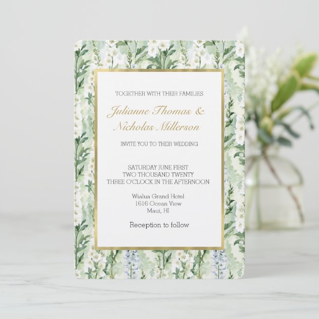 Invitación Flores de Delphinium Blancas Lavanda Boda (Anverso de pie)