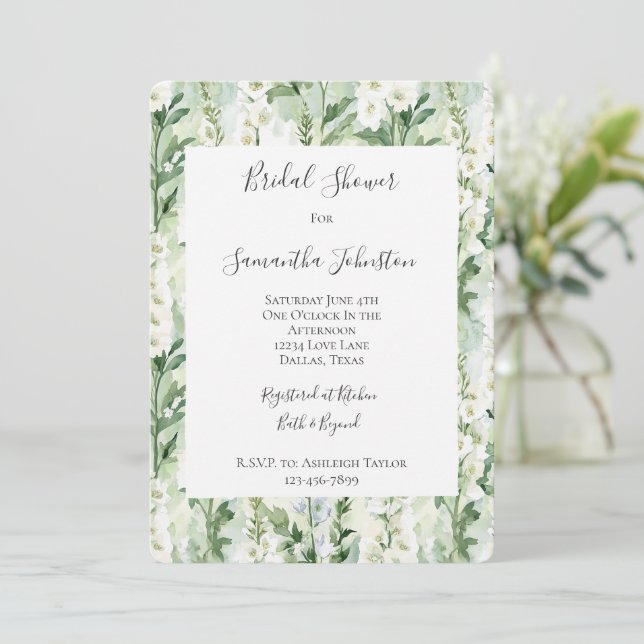 Invitación Flores de Delphinium Blancas Lavanda para Despedid (Anverso de pie)