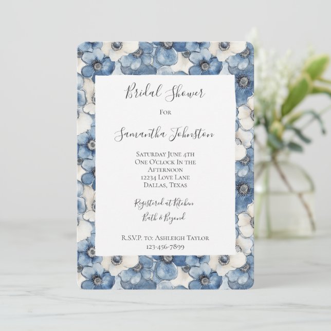 Invitación Flores de denim blanco azul ducha de novia (Anverso de pie)