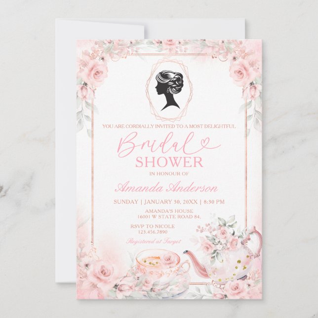 Invitación Flores de Despedida de Soltera con Fiesta de Té Ro (Anverso)