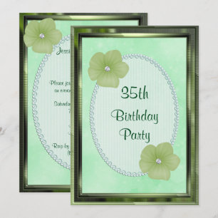 Invitación Flores de Diamante Verde y Perlas Cumpleaños 35