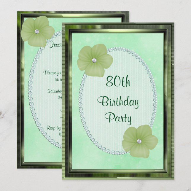 Invitación Flores de Diamante Verde y Perlas Cumpleaños 80 (Anverso / Reverso)