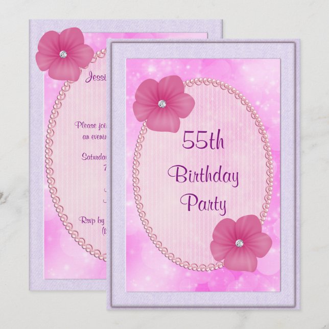 Invitación Flores de Diamante y Perlas Cumpleaños 55 (Anverso / Reverso)