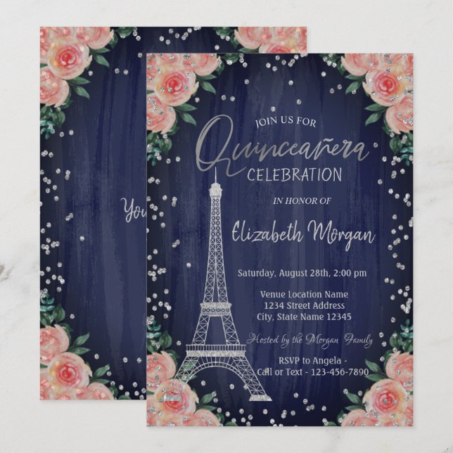 Invitación Flores de diamantes de la Torre Eiffel de Plata Qu (Anverso / Reverso)