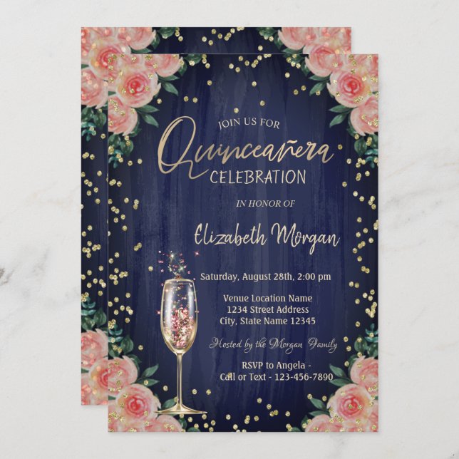 Invitación Flores de diamantes de vidrio de champagne Quincea (Anverso / Reverso)