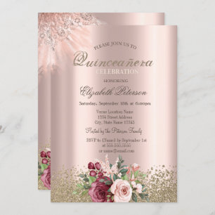 Invitación Flores de diamantes Rosa Oro Quinceañera