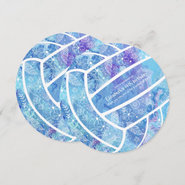 Invitación Flores de Doodle plumas de voleibol azul patrón (Anverso / Reverso)