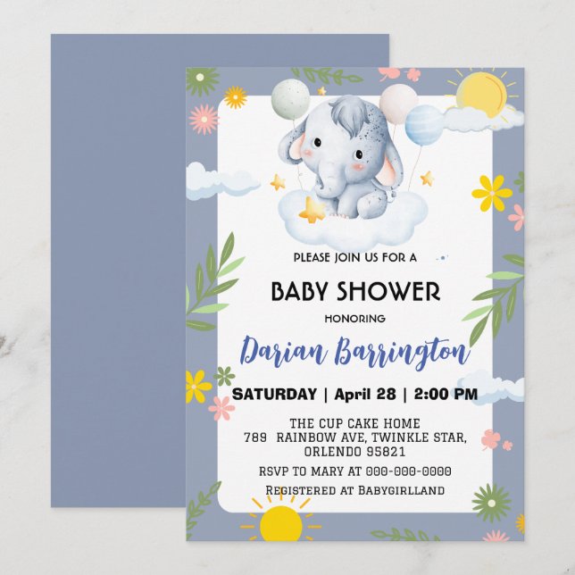 Invitación Flores de elefante lindo bebé ducha niños niños ni (Anverso / Reverso)