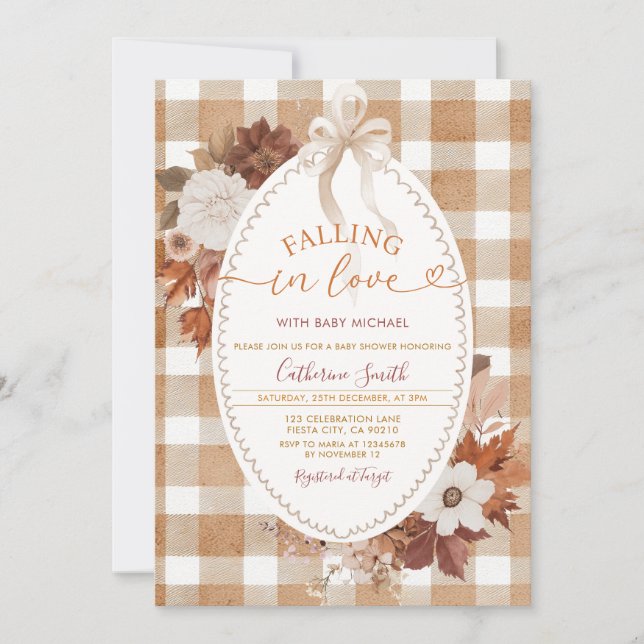 Invitación Flores de enamoramiento Ducha de bebé Gingham (Anverso)