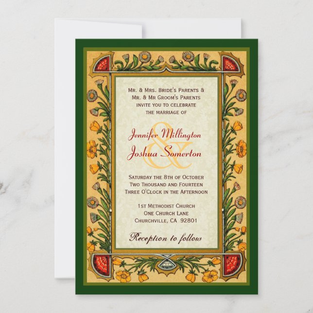 Invitación Flores de época Boda verde rojo dorado W751 (Anverso)