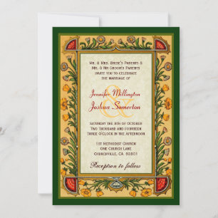 Invitación Flores de época Boda verde rojo dorado W751