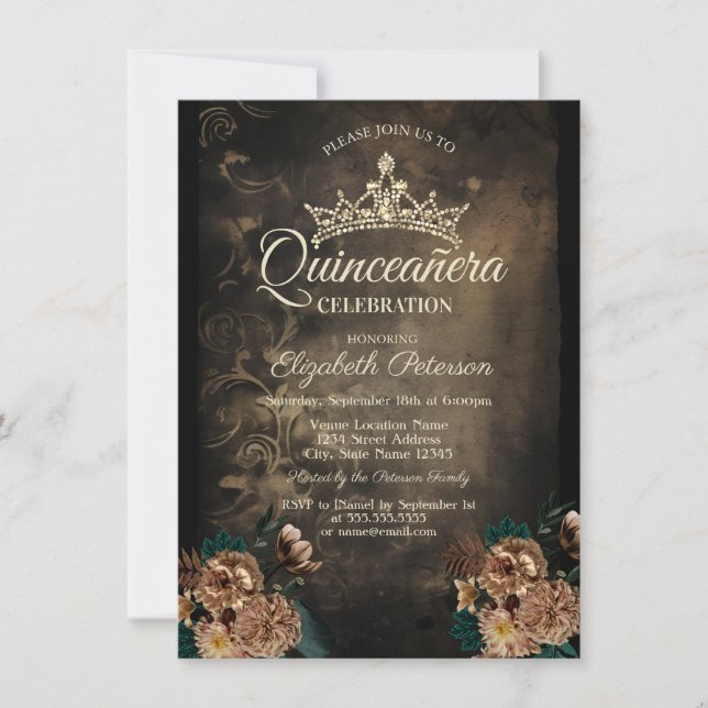 Invitación Flores de época Damask Dark Gothic Quinceañera (Anverso)