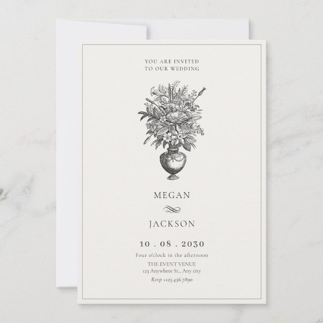 Invitación Flores de época en el boda de jarrones antiguos (Anverso)