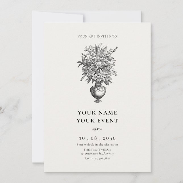 Invitación Flores de época en jarrón antiguo (Anverso)