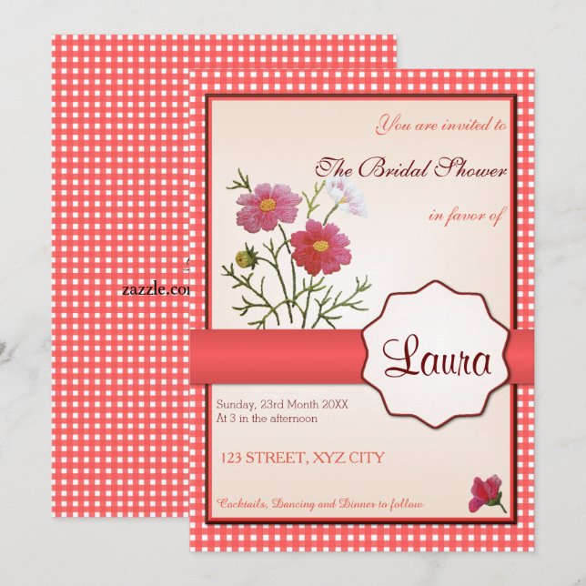 Invitación Flores de época en la ducha de novia de Gingham (Anverso / Reverso)