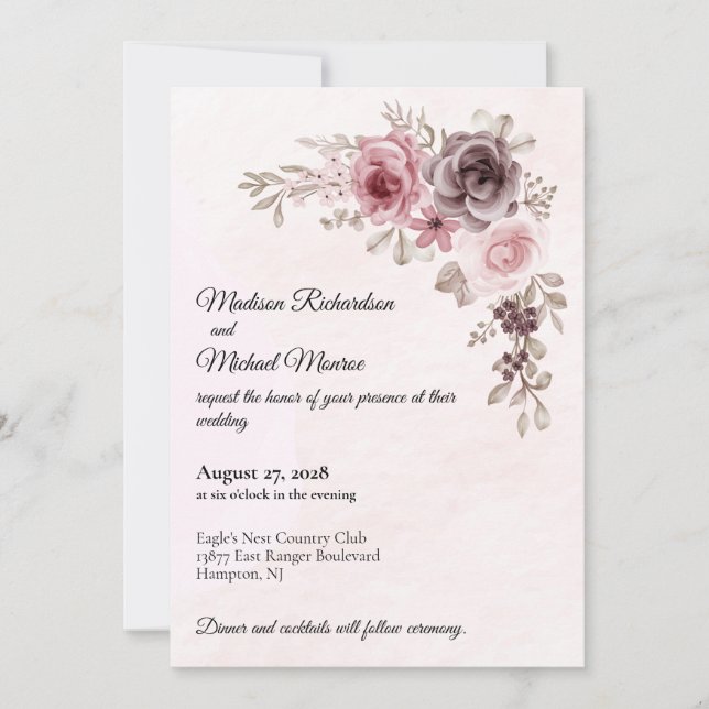 Invitación Flores de época grandiosas en Boda rosa pálido (Anverso)