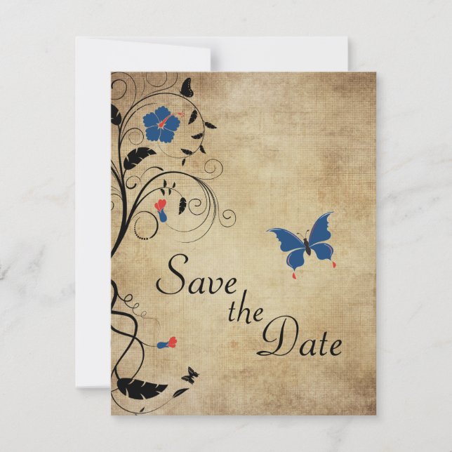 Invitación Flores de época mariposas Boda Guardar la fecha (Anverso)