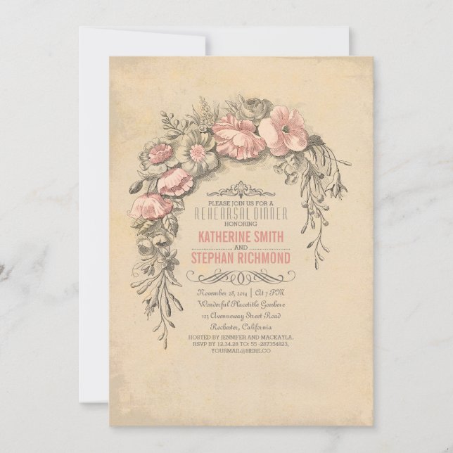 Invitación Flores de época rosa moda de ensayo antiguo cena (Anverso)
