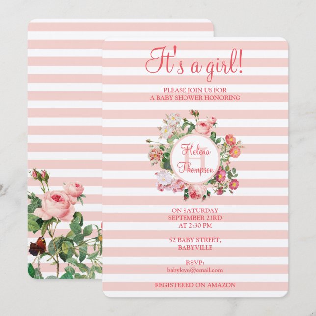 Invitación Flores de época tiras rosadas Baby Shower Baby Gir (Anverso / Reverso)