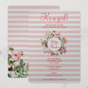 Invitación Flores de época tiras rosadas Baby Shower Baby Gir
