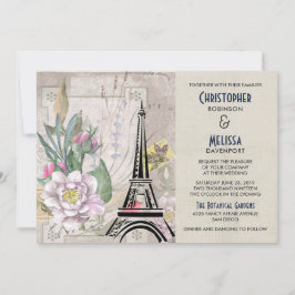 Invitación Flores de época, Torre Eiffel y Boda Burlap