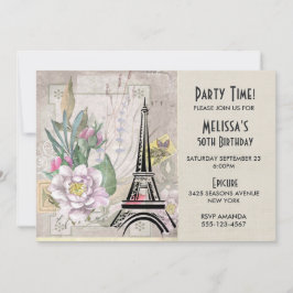 Invitación Flores de época, Torre Eiffel y Burlap Cumpleaños