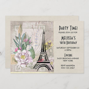 Invitación Flores de época, Torre Eiffel y Burlap Cumpleaños