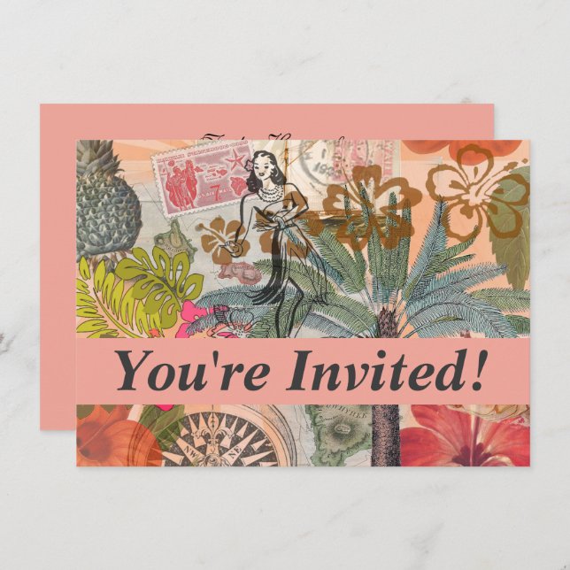 Invitación Flores de época tropical hawaiana colorida hula (Anverso / Reverso)