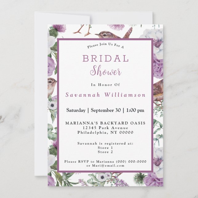 Invitación Flores de Escocia Aves Corazón de Agua Ducha Nupci (Anverso)