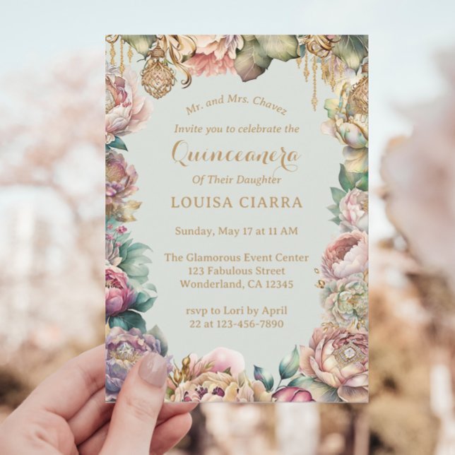 Invitación Flores de espuma de oro glamorosas Quinceanera (Subido por el creador)
