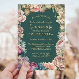 Invitación Flores de espuma de oro verde glamorosas Quinceane