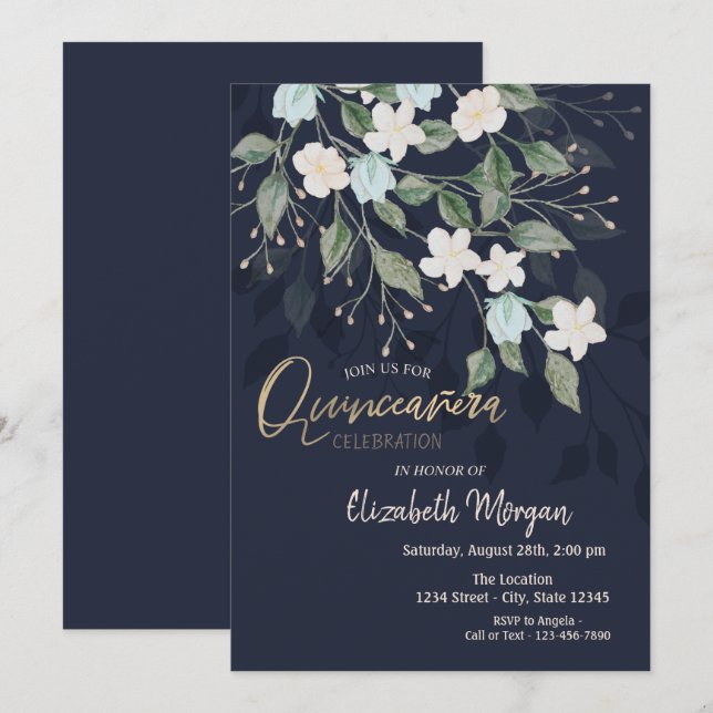 Invitación Flores de estilo Marina Azul Quinceañera (Anverso / Reverso)