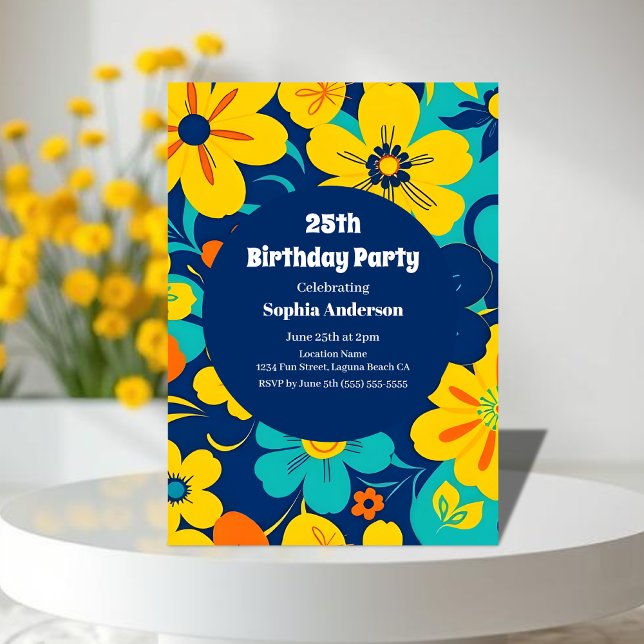 Invitación Flores de estilo retro-flor de estilo dopaminérgic (Colorful Rush Blooms-Dopamine Style-Birthday Invitation)