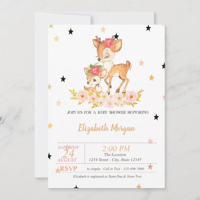 Invitación Flores de estrellas de ciervos bebé, princesa  Bab (Anverso)