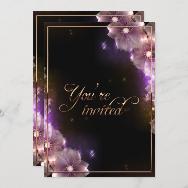 Invitación Flores de estrellas rosadas/Recorte de oro (Anverso / Reverso)