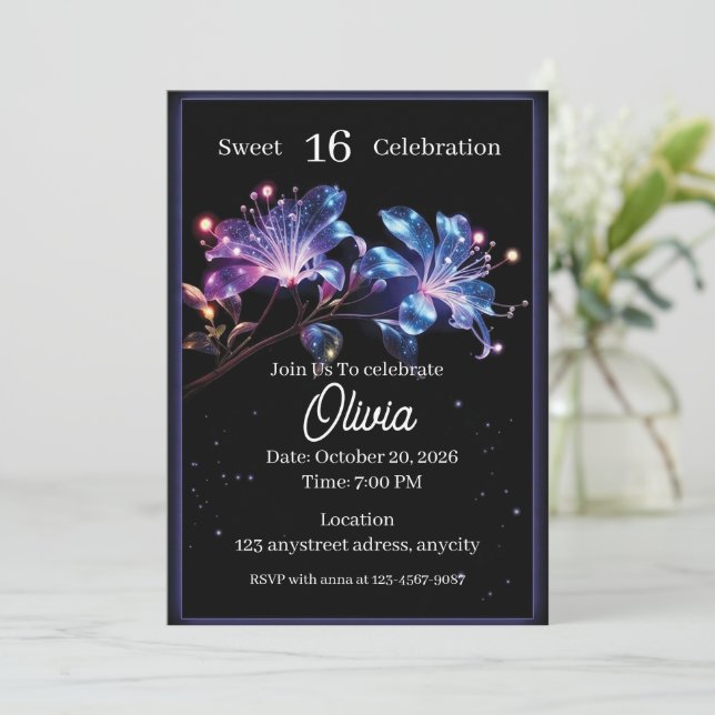 Invitación Flores de Fantasía de Resplandor Celestial (Anverso de pie)