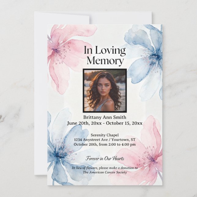 Invitación Flores de Fantasía Rosadas y Azules Memorial (Anverso)