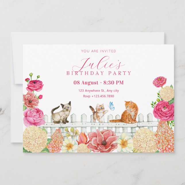 Invitación Flores de felinos cortos cumpleaños (Anverso)