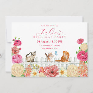 Invitación Flores de felinos cortos cumpleaños